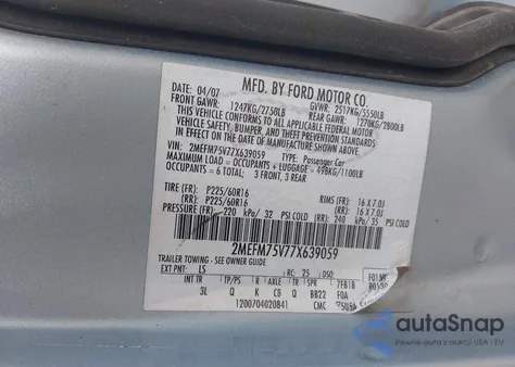 2007 Mercury Grand Marquis Ls из США, поврежденный, VIN 2MEFM75V77X639059